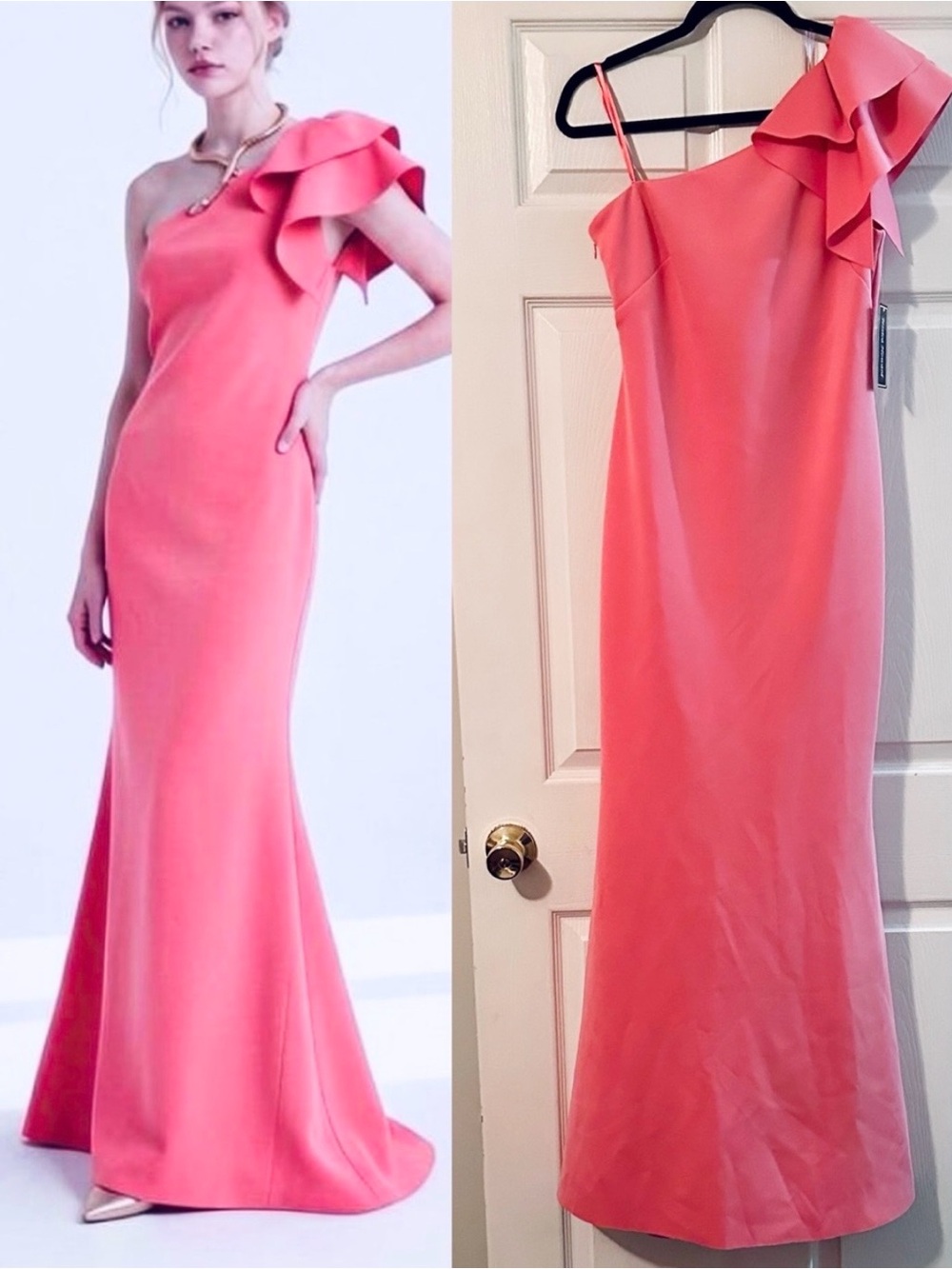 Jessica Howard Coral one shoulder ruffle Gown Dress Size 10 NWT